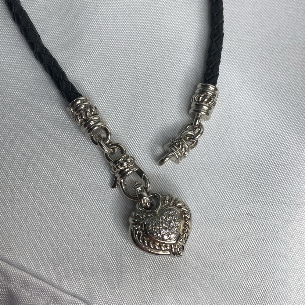 Judith Ripka Sterling Silver leather cord heart Diamonique necklace - Picture 5 of 6